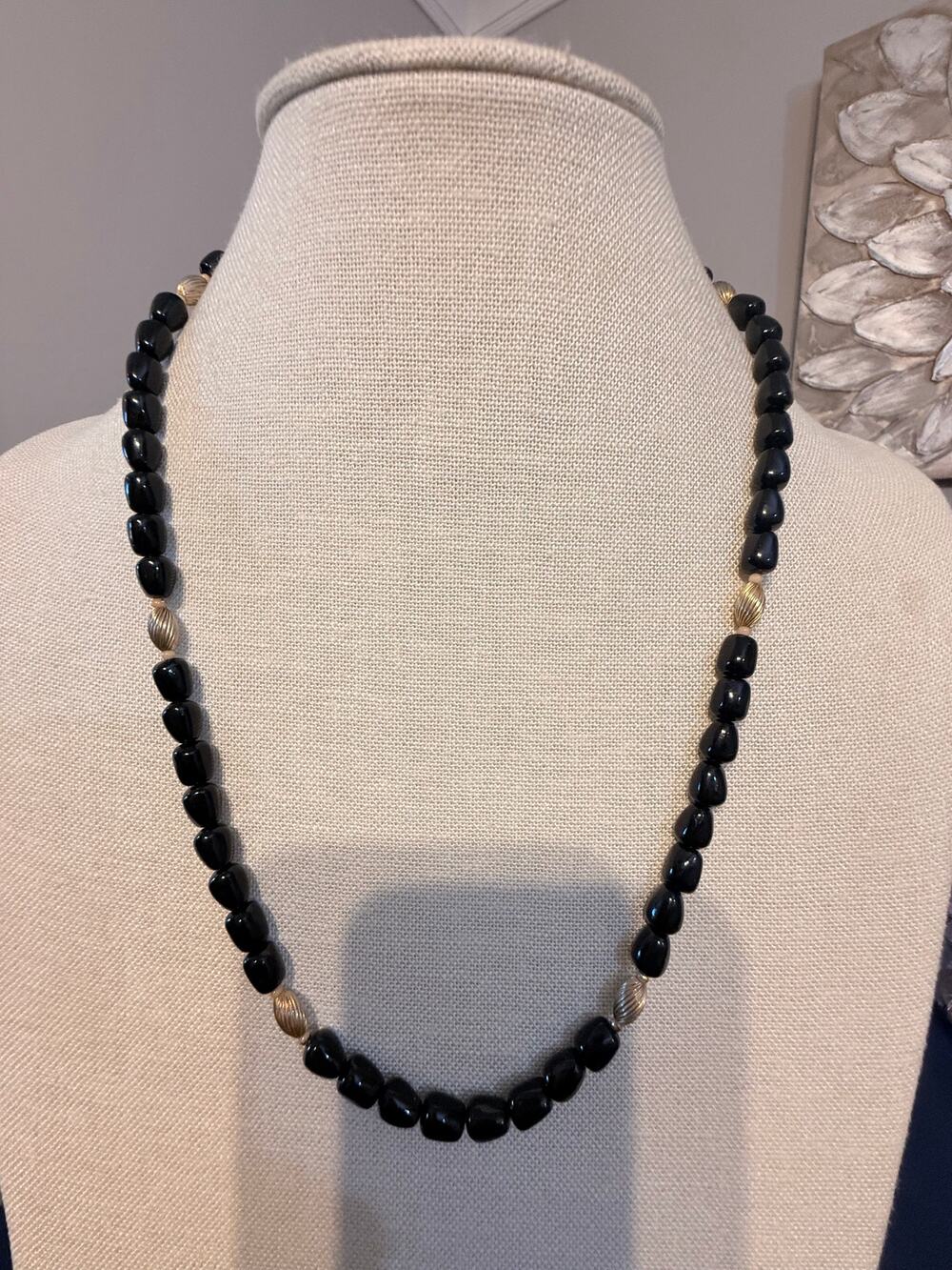 Vintage Black Bead Gold Tone Necklace 24”
